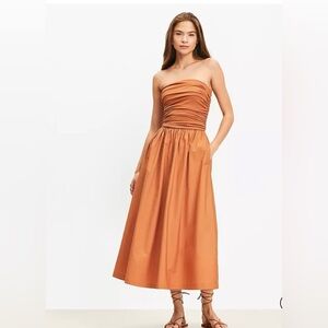 LOFT Strapless Ruched Midi Dress in Burnt Orange